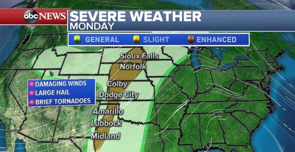 Hail, damaging winds and tornadoes are possible throughout the central U.S. on Monday.