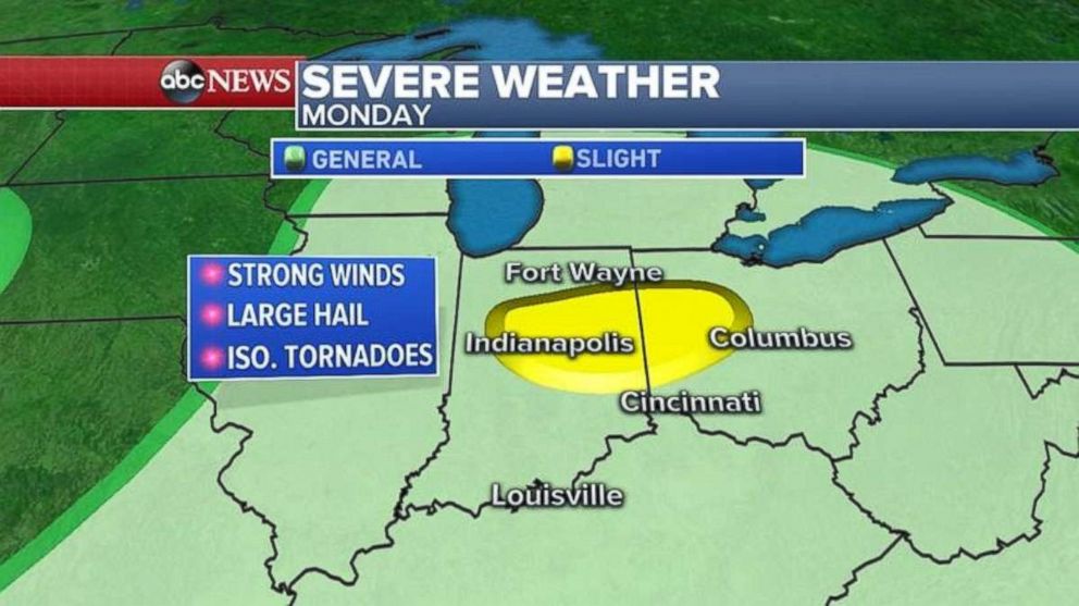 The Indianapolis and Columbus, Ohio, regions will see a slight chance for severe weather on Monday.