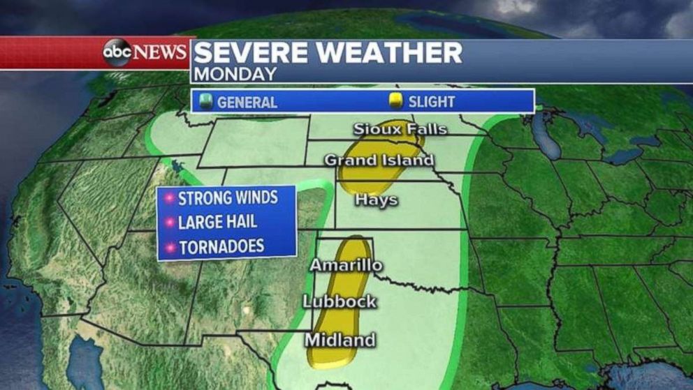 Severe weather outbreaks are possible in northern Texas and Nebraska on Monday.