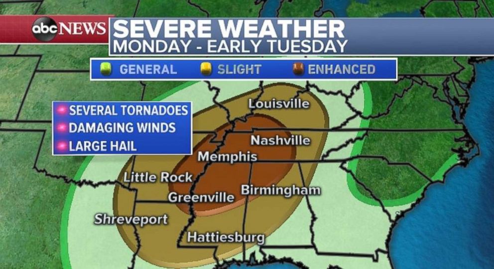 PHOTO: Severe weather is possible over a wide swath of the South late Monday and into early Election Day.