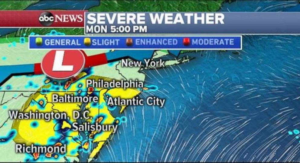 PHOTO: Severe weather is also possible in the Mid-Atlantic on Monday evening.
