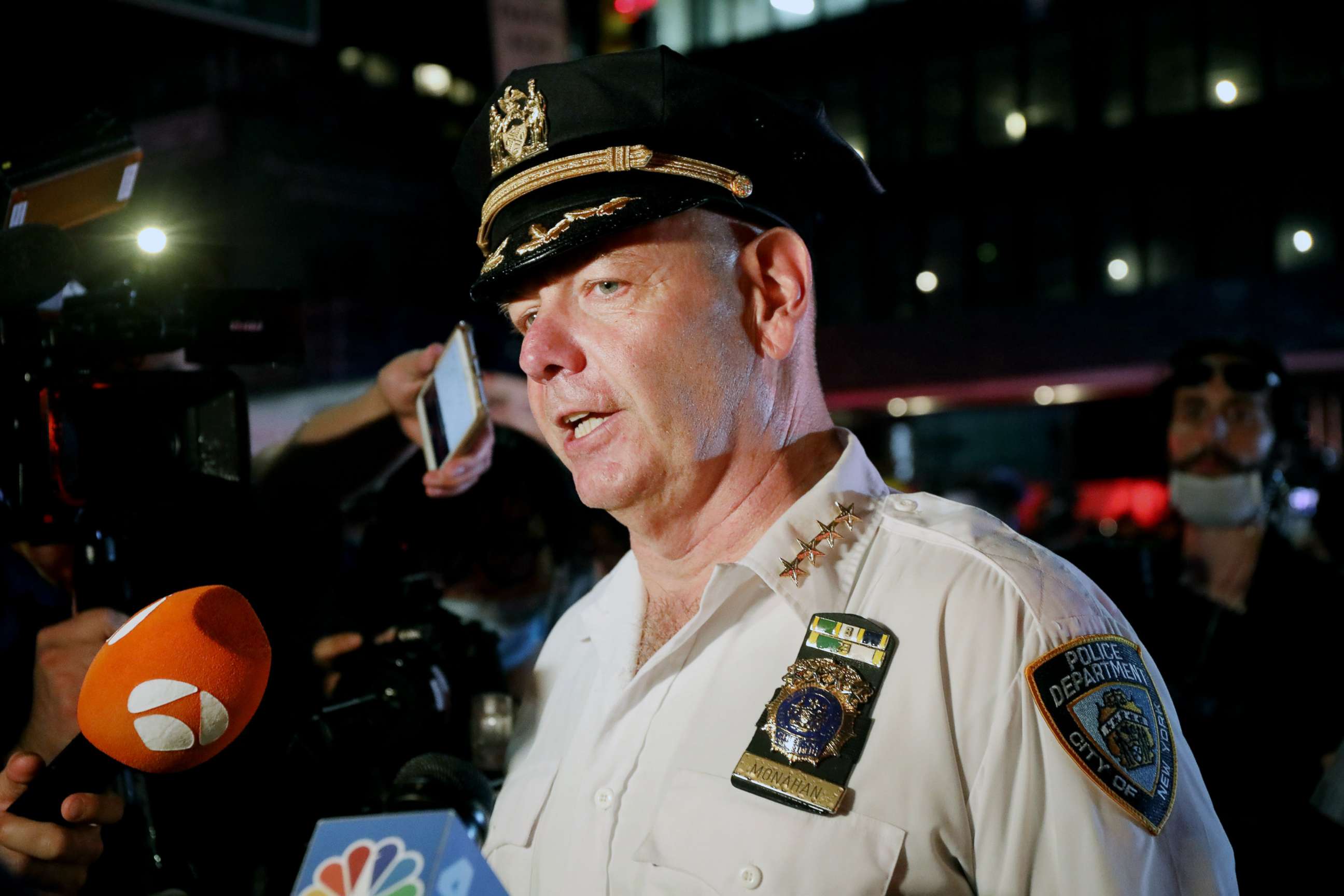 PHOTO: Chief of Department Terence Monahan speaks to the media at the scene of a mass arrest of protesters in Manhattan  on June 3, 2020 in New York City.
