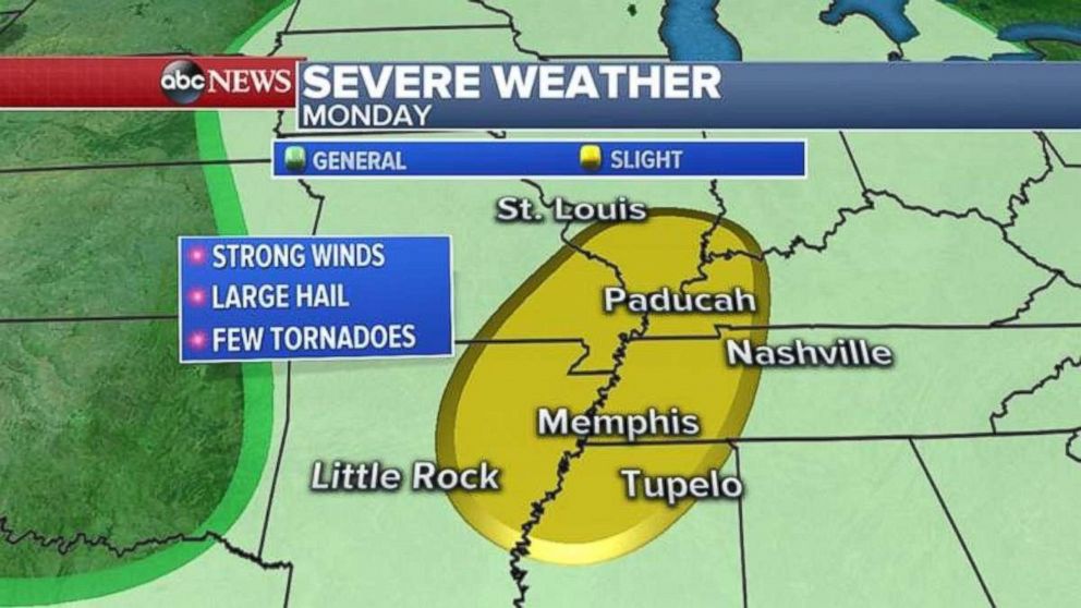The storm threat for Monday will be around Little Rock, Ark., Memphis, Tenn., and Paducah, Ky.