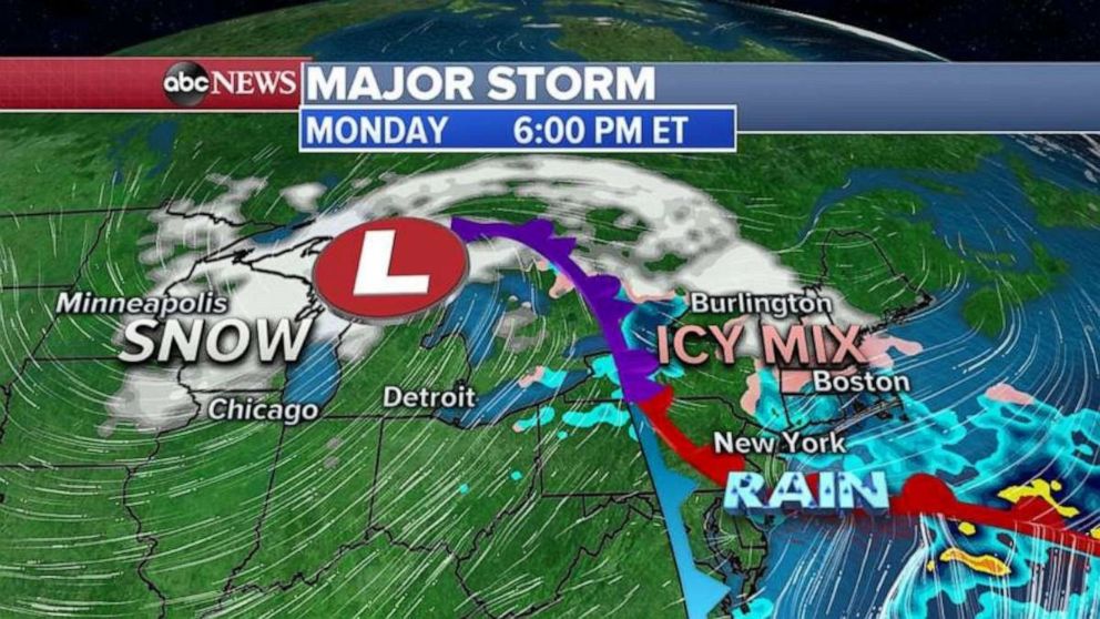 PHOTO: Snow will fall in the Great Lakes and inland in the Northeast on Monday evening.