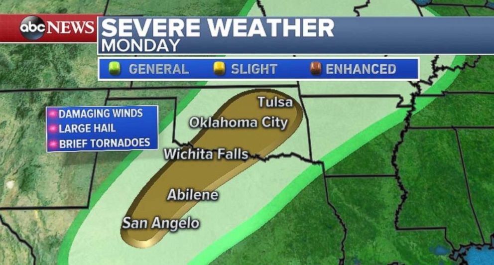Hail, damaging winds and even tornadoes are possible from Texas into Oklahoma on Sunday night and Monday.