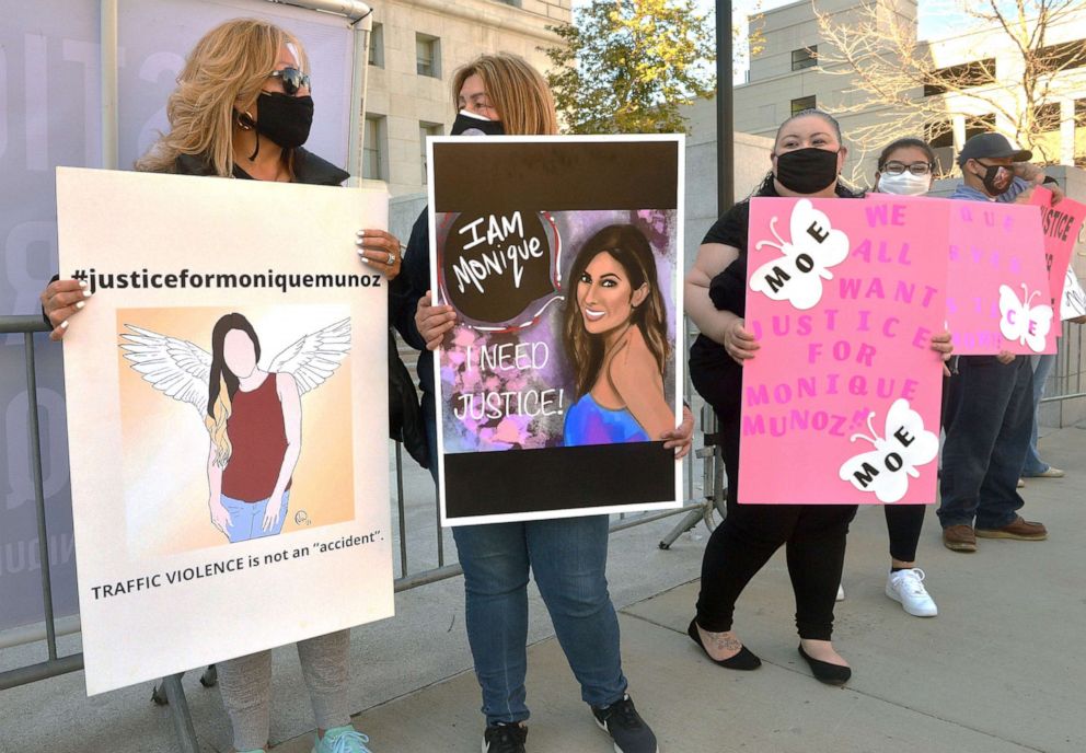 PHOTO: In this March 19, 2021, file photo, grieving family and community members gather at the Hall of Justice in Los Angeles to call for justice in the death of Monique Munoz, who was killed in a crash involving a Lamborghini driven by a 17-year-old.