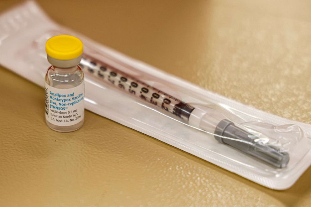 PHOTO: A vial containing the monkeypox vaccine and a syringe is set on the table at a vaccination clinic run by the Mecklenburg County Public Health Department in Charlotte, N.C., Aug. 20, 2022. 
