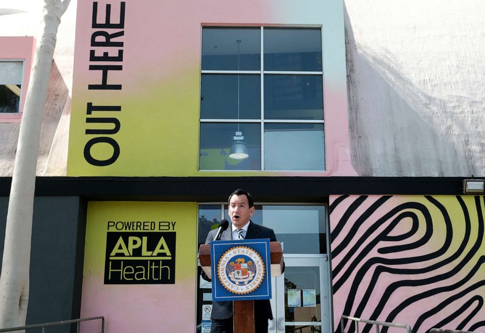 PHOTO: California State Assembly Speaker Anthony Rendon talks during a news conference at Out Here Sexual Health Center in the Baldwin Hills section of Los Angeles, July 20, 2022.