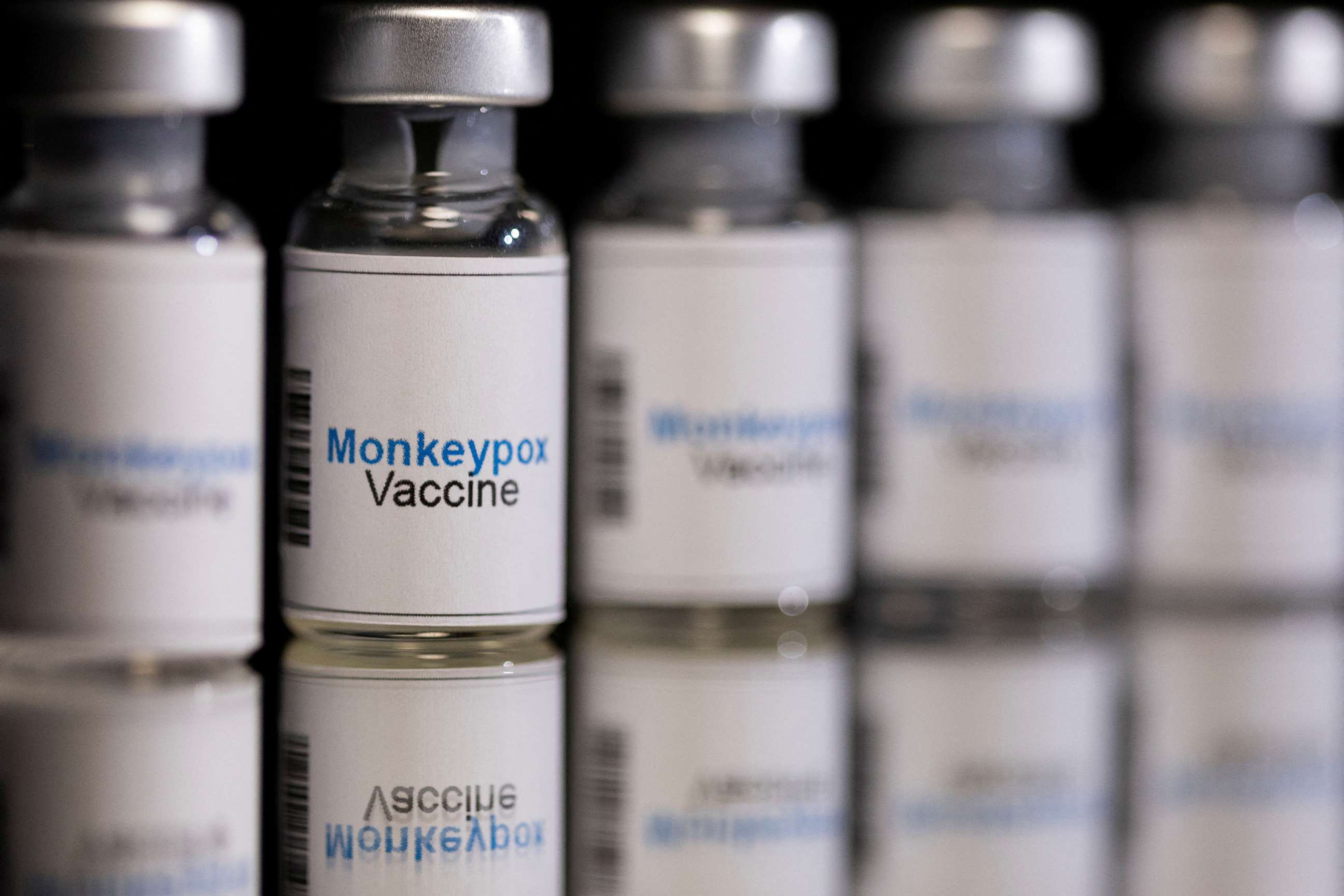 PHOTO: Mock-up vials labeled "Monkeypox vaccine" are seen in this illustration taken, May 25, 2022.