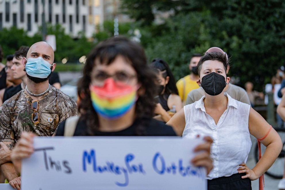 PHOTO: People protest during a rally calling for more government action to combat the spread of monkeypox, on July 21, 2022 in New York City.