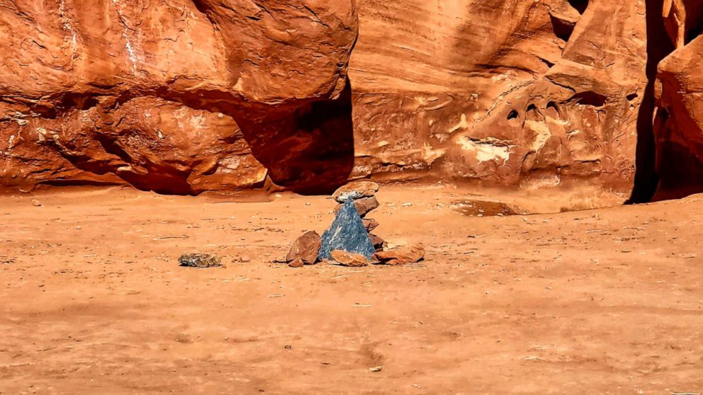 PHOTO: Rocks mark the location where a metal monolith once stood in the ground in a remote area of red rock in Spanish Valley, Utah, Nov. 28, 2020.