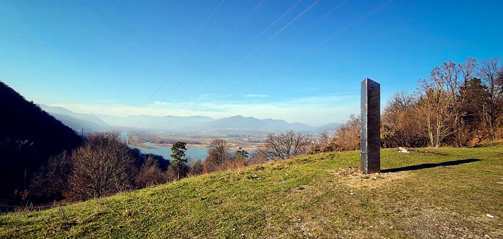 PHOTO: A metal structure stands on the Batca Doamnei hill, outside Piatra Neamt, northern Romania, on Nov. 27, 2020. The structure, similar in shape and size to the monolith that was placed in the Utah desert, has since disappeared.