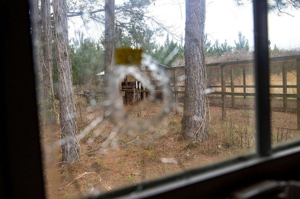 PHOTO:A bullet hole is seen from inside of the feed room at the Murdaugh Moselle property, March 1, 2023, in Islandton, S.C.