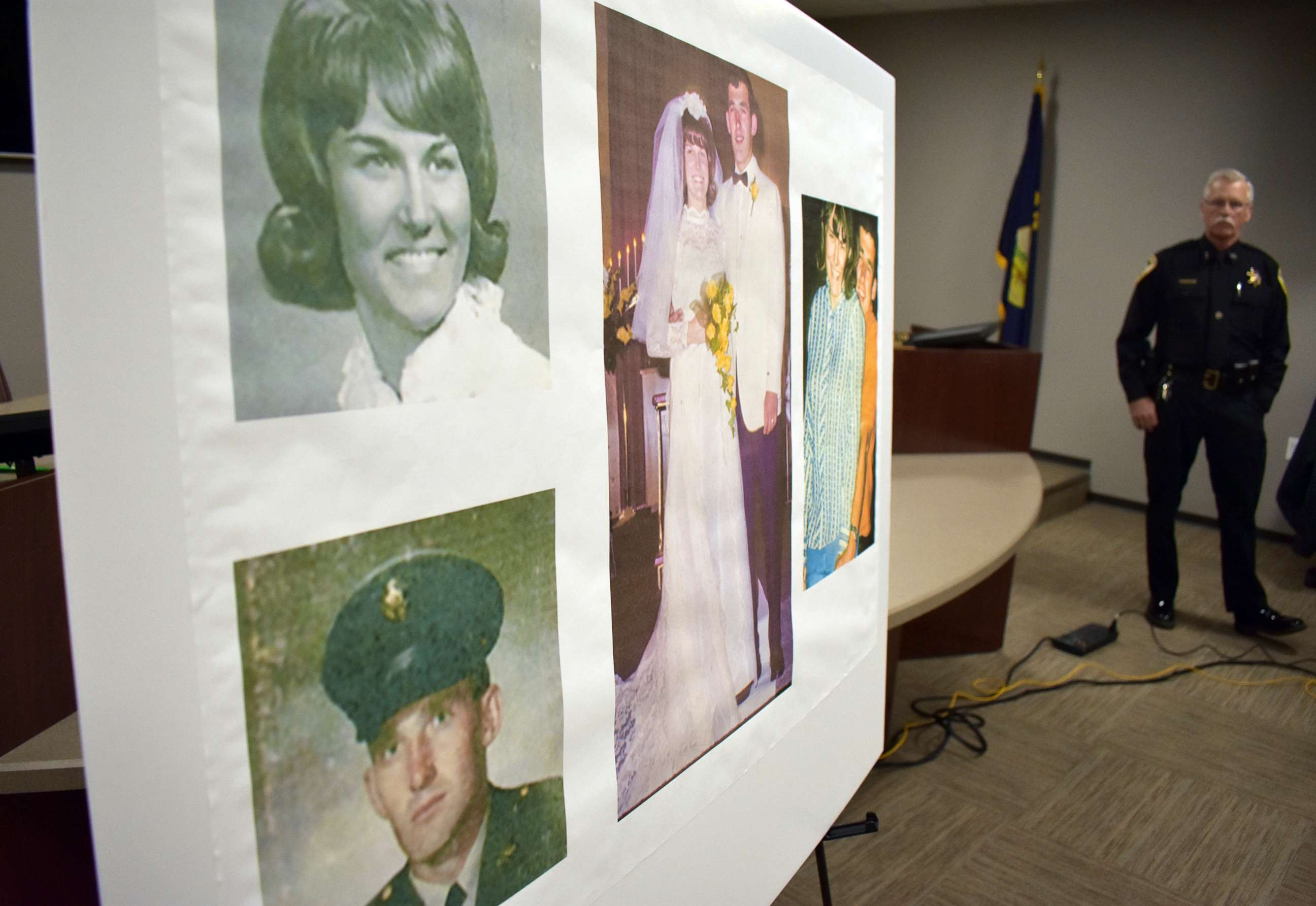 PHOTO: Photos of Linda and Clifford Bernhardt, who were killed in 1973, are displayed at a press conference at the Yellowstone County administrative offices in Billings, Montana on Monday, March 25, 2019.
