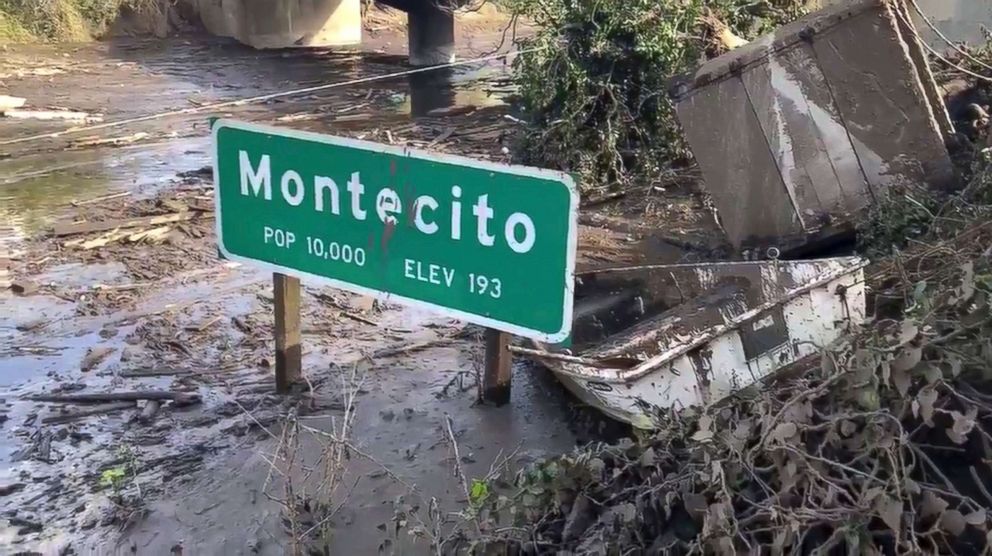 PHOTO: In this Jan. 15, 2018 image from video provided by the Santa Barbara County Fire Department, the U.S. 101 freeway remains underwater as clean-up crews work to clear the roads throughout Montecito, Calif.