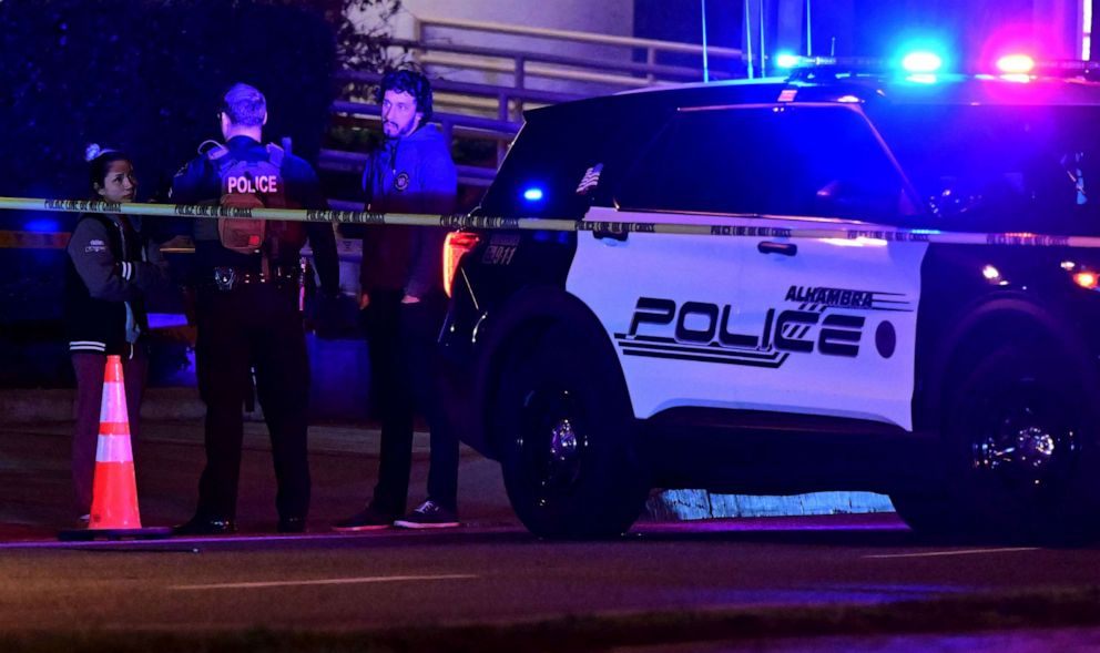 PHOTO: Police patrol the scene along Garvey Avenue in Monterey Park, California, on Jan. 21, 2023, where police are responding to reports of multiple people shot.