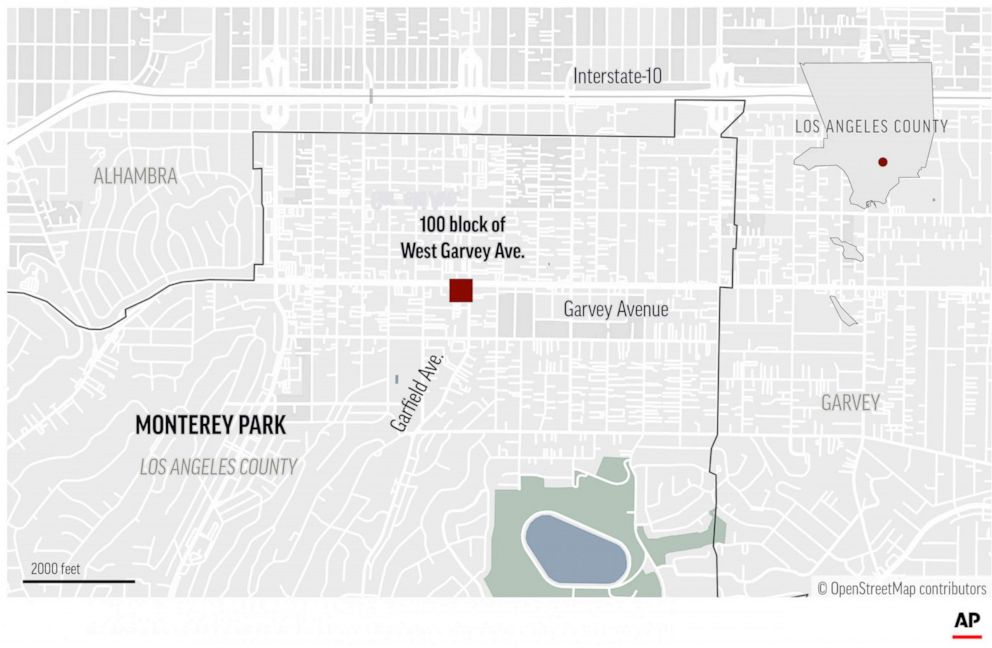 PHOTO: Map indicating the location where a gunman opened fire at a Los Angeles-area ballroom dance studio following a Lunar New Year celebration.