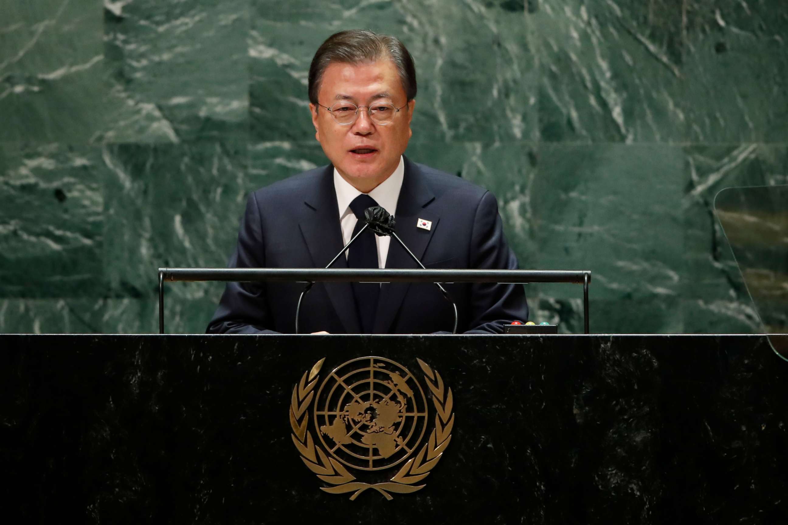 PHOTO: South Korea's President Moon Jae-in addresses the 76th Session of the U.N. General Assembly on Sept. 21, 2021 at U.N. headquarters in New York City.