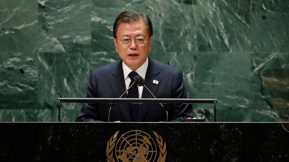 PHOTO: South Korea's President Moon Jae-in addresses the 76th Session of the U.N. General Assembly on Sept. 21, 2021 at U.N. headquarters in New York City.