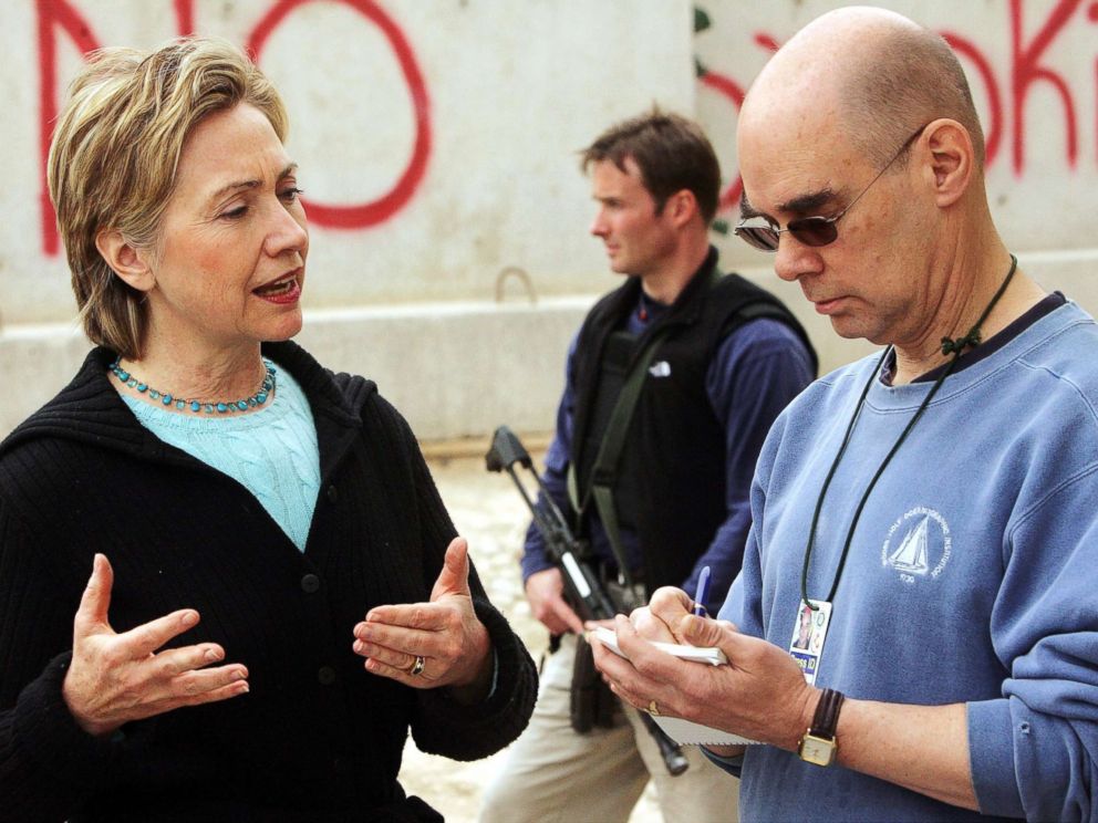 PHOTO: Sen. Hillary Clinton talks with Daily News National Editor Mark Mooney at Camp Fallujah, a Marine base outside of Fallujah, Iraq, Feb. 20, 2005.