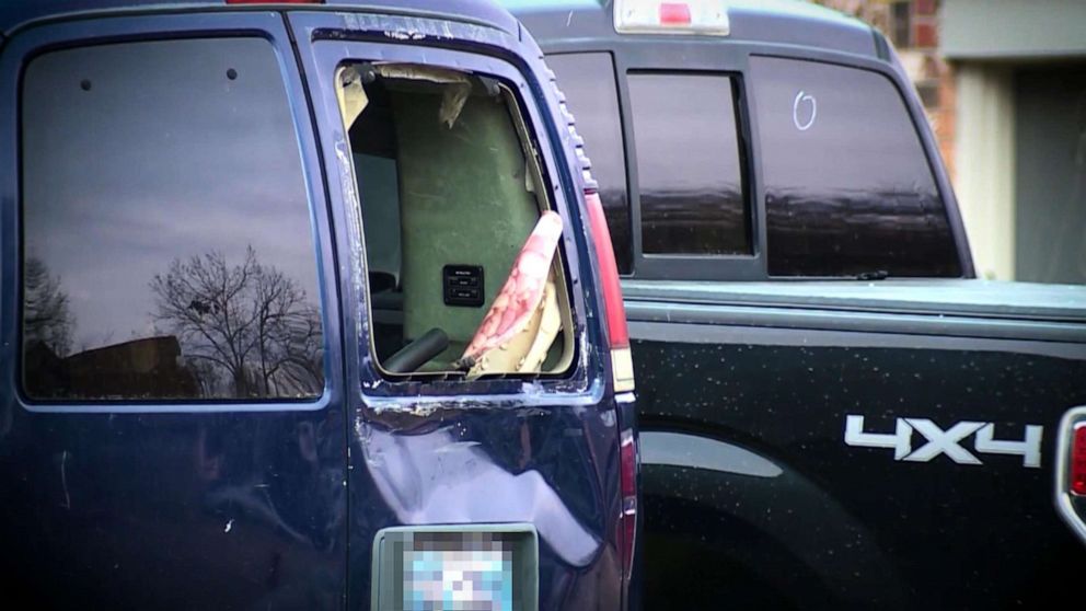 PHOTO: Damage to a vehicle at the scene in Moore, Okla, after a deadly hit and run, Feb. 3, 2020.