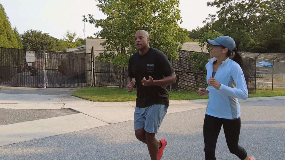 PHOTO: ABC News' Linsey Davis runs with Maryland Democratic gubernatorial candidate Wes Moore to discuss his campaign.