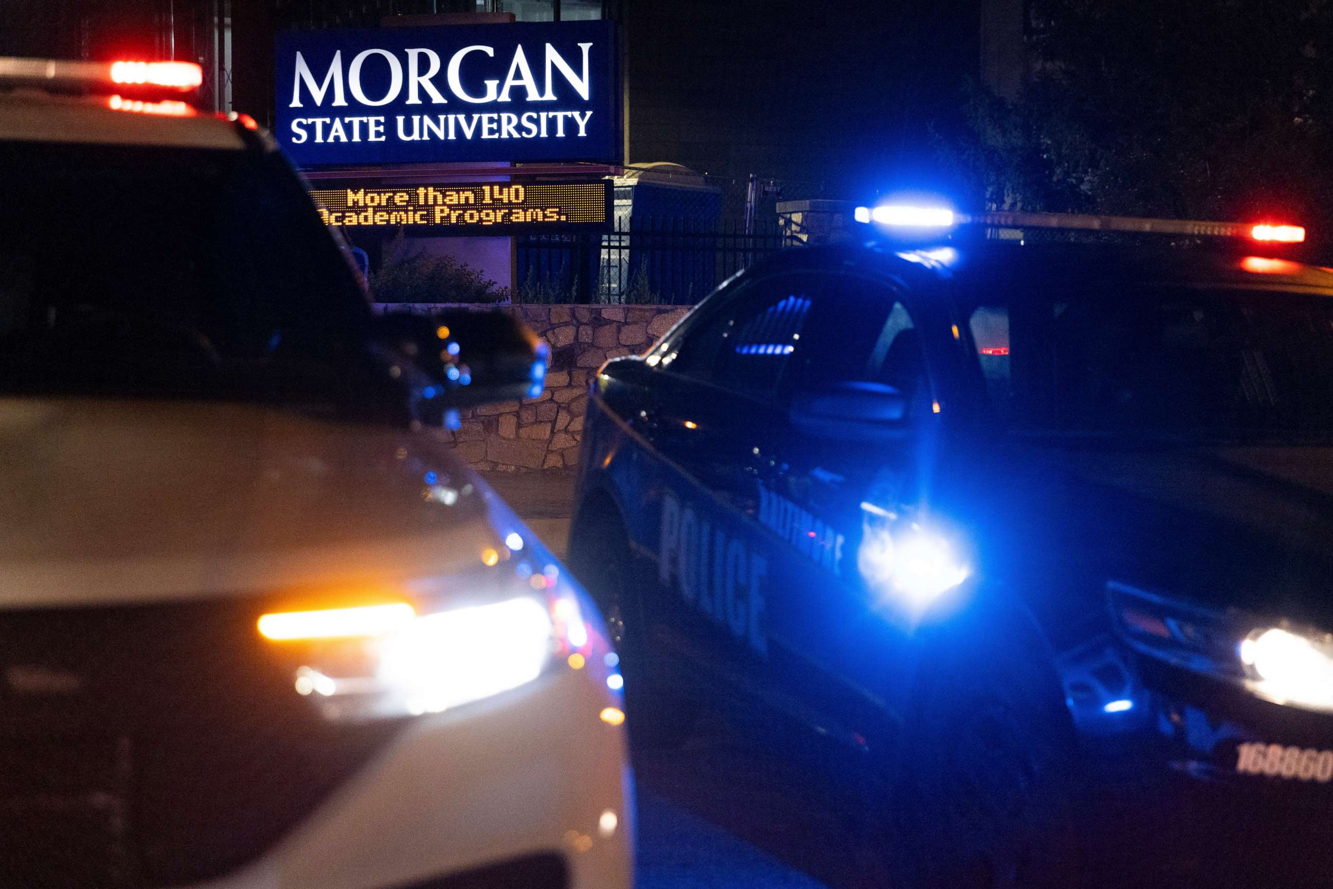 PHOTO: Police block off the entrance to Morgan State University as they respond to a shooting Tuesday, Oct. 3, 2023, in Baltimore. (AP Photo/Julia Nikhinson)