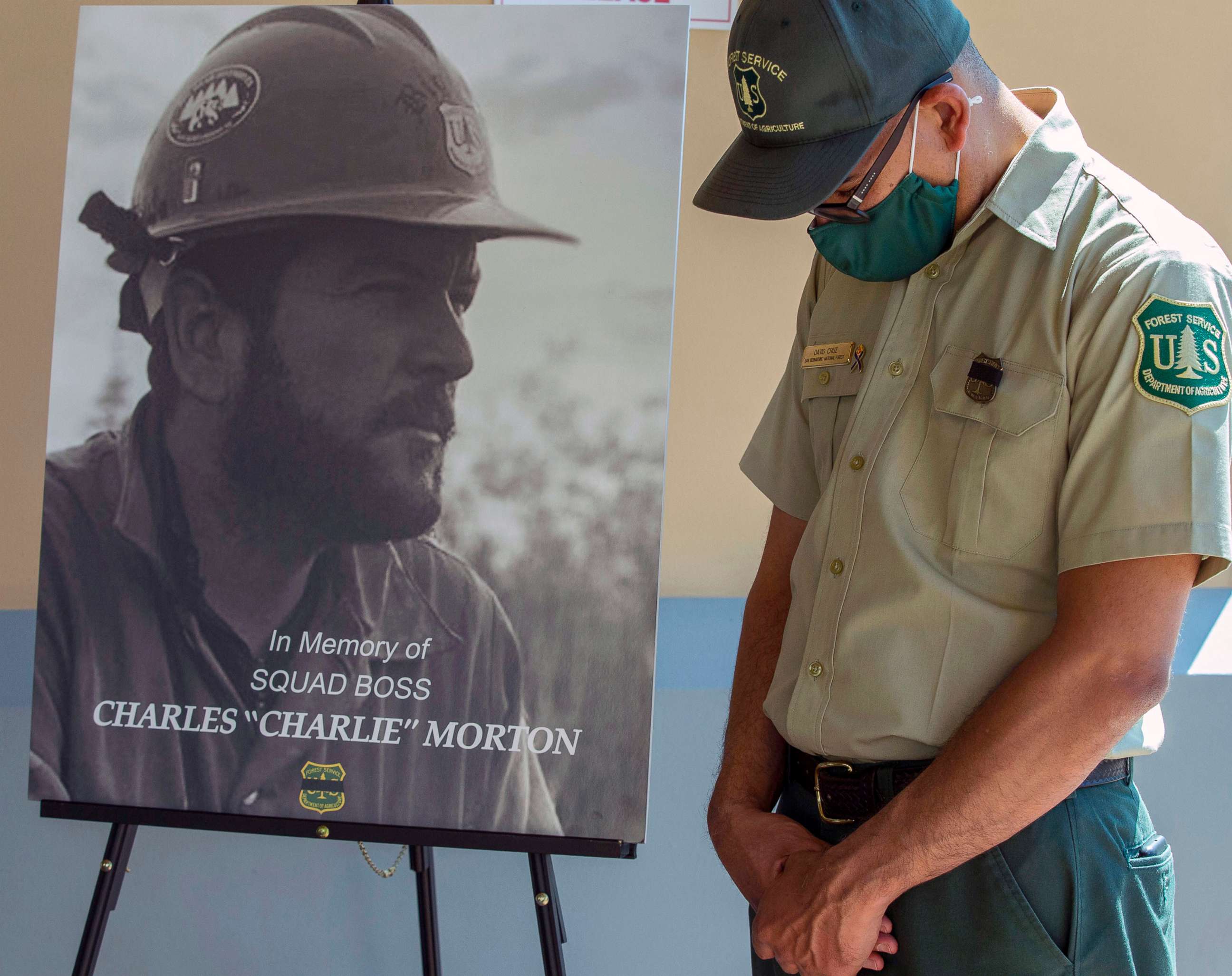 PHOTO: Firefighter David Cruz attends a memorial, Sept. 25, 2020, for Charles Morton, the U.S. Forest Service firefighter killed in the line of duty on the El Dorado Fire at The Rock Church in San Bernardino, Calif.