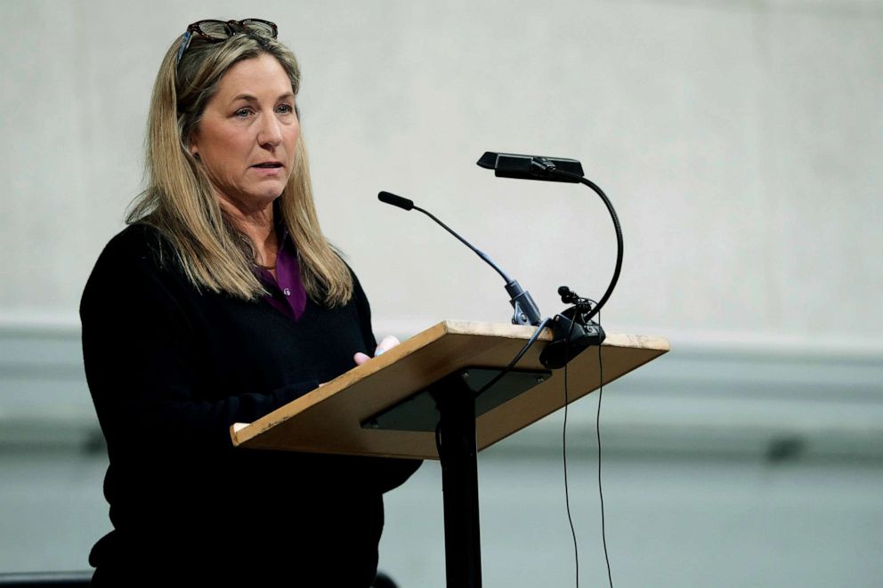 PHOTO: In this Nov. 30, 2022, file photo, Stacy Chapin talks about her son, Ethan Chapin, who was one of four University of Idaho students who were killed on Nov. 13 as she speaks during a vigil for the four students in Moscow, Idaho.