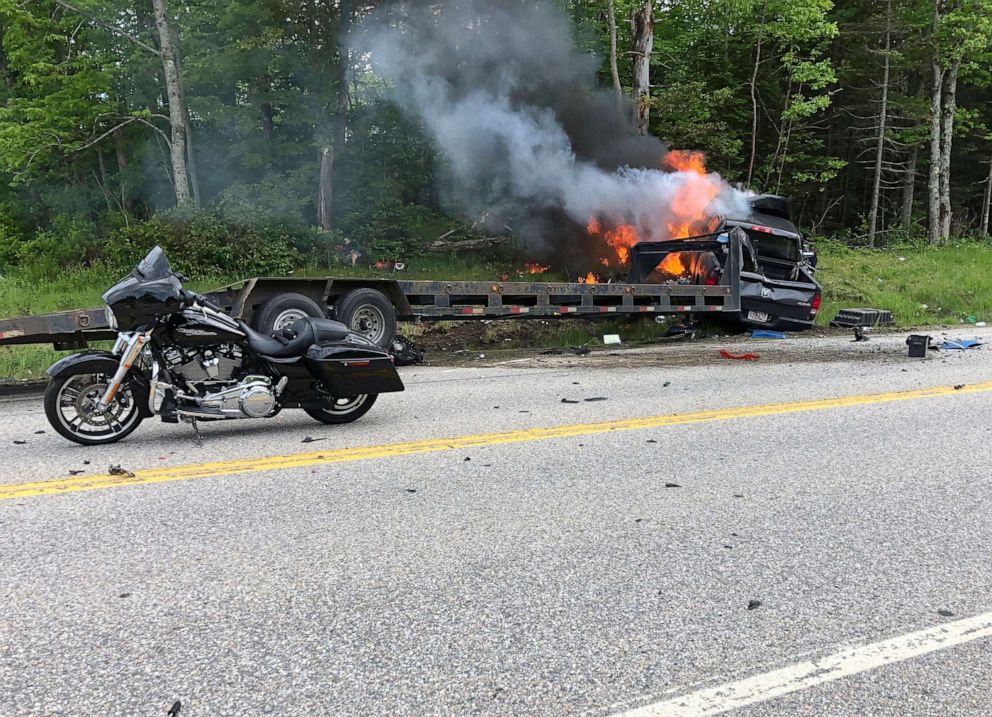 PHOTO: This photo provided by Miranda Thompson shows the scene where several motorcycles and a pickup truck collided on a rural  highway on June 21, 2019, in Randolph, N.H