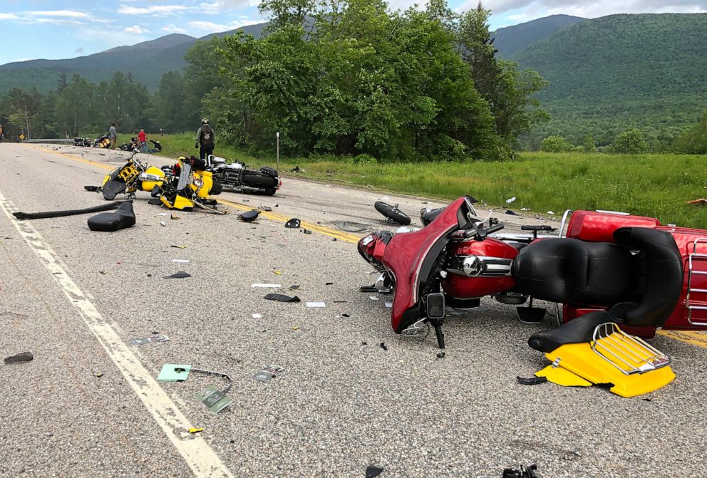 PHOTO: This photo provided by Miranda Thompson shows the scene where several motorcycles and a pickup truck collided on a rural highway on June 21, 2019, in Randolph, N.H.