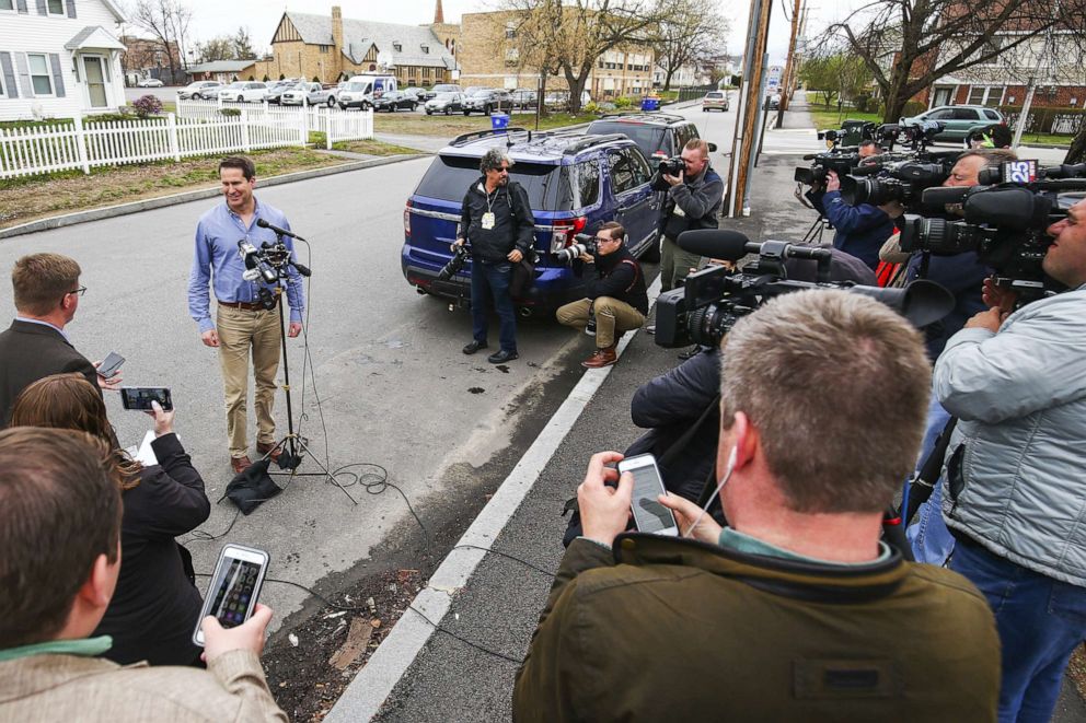 PHOTO: Representative Seth Moulton, a Democrat from Massachusetts and 2020 presidential candidate, speaks during a campaign stop in Manchester, New Hampshire, U.S., on Tuesday, April 23, 2019.