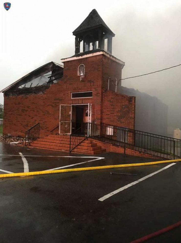 PHOTO: In this April 4, 2019, handout file photo, The Mount Pleasant Baptist Church smolders after a fire in Opelousas, La.