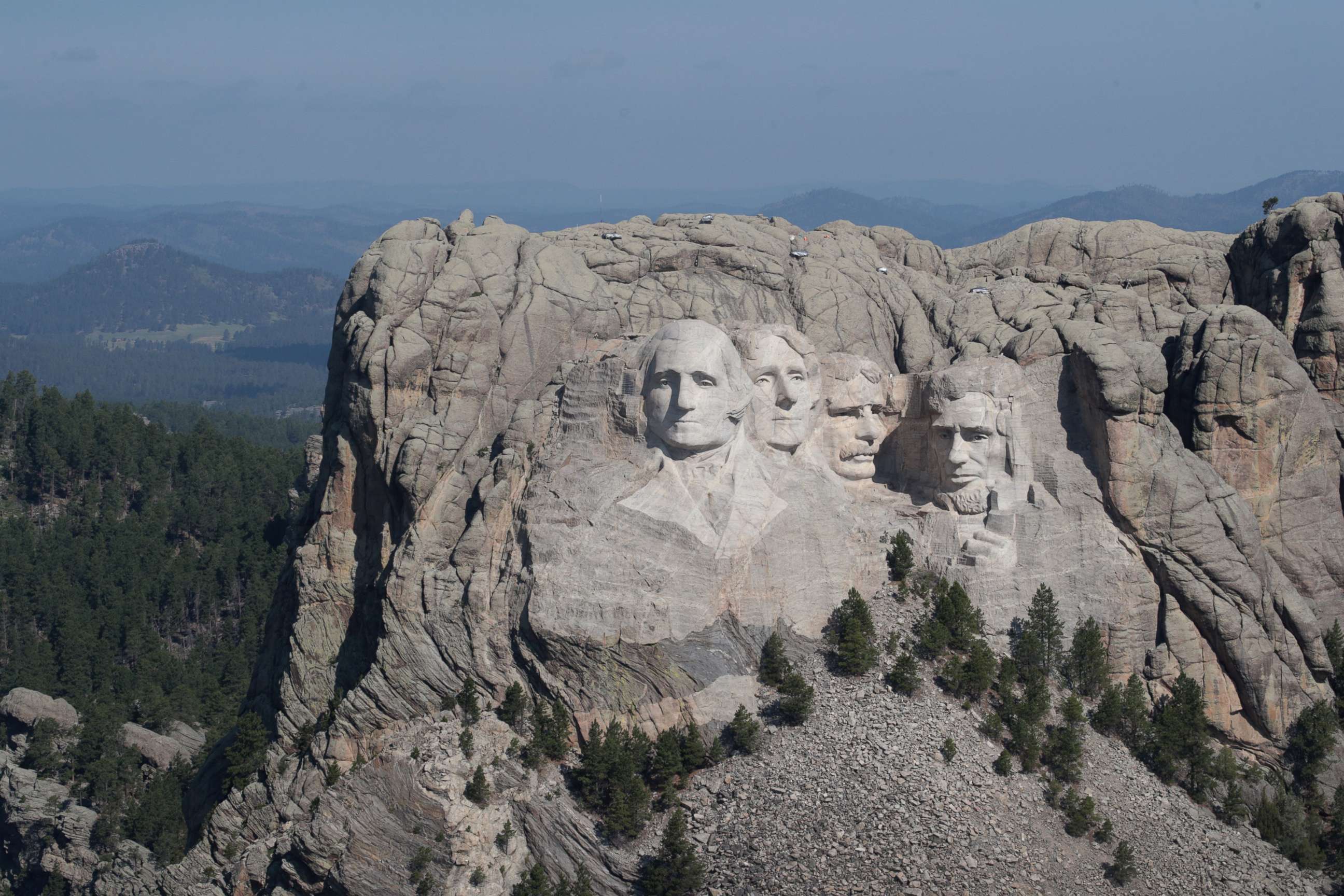 PHOTO: The busts of presidents George Washington, Thomas Jefferson, Theodore Roosevelt and Abraham Lincoln tower over the Black Hills at Mount Rushmore National Monument on July 02, 2020, near Keystone, S.D.