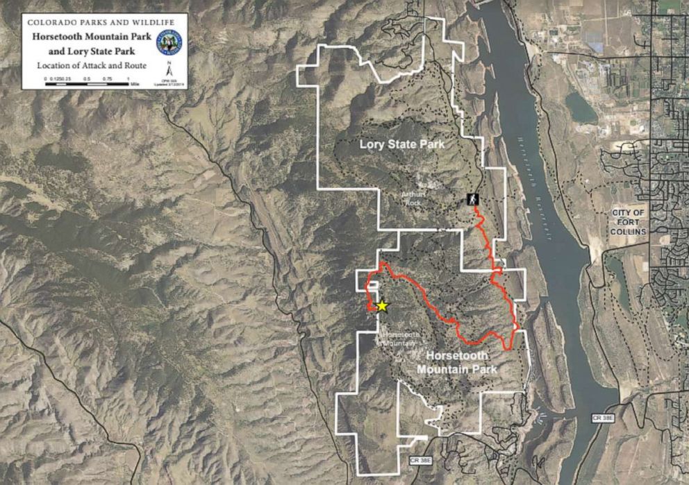 PHOTO: A map of the Horsetooth Mountain Park and Lory State Park shows the path of  hiker  Travis Kauffman and the location of where he was attacked by a mountain lion. 