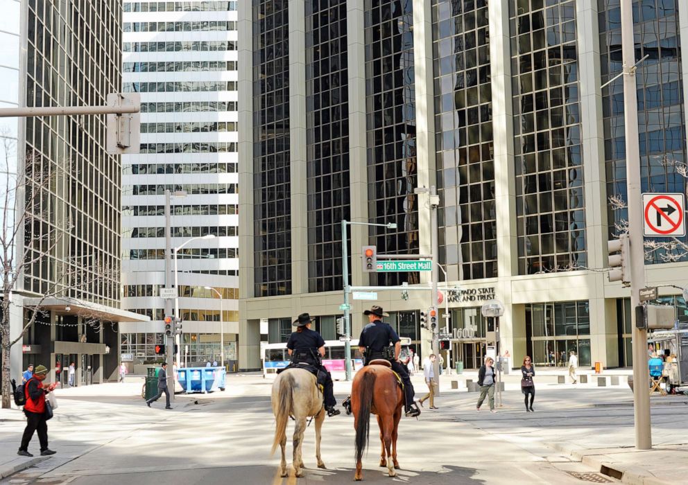 PHOTO: Denver Police mounted patrol work along the 16th Street Mall, March 11, 2015.