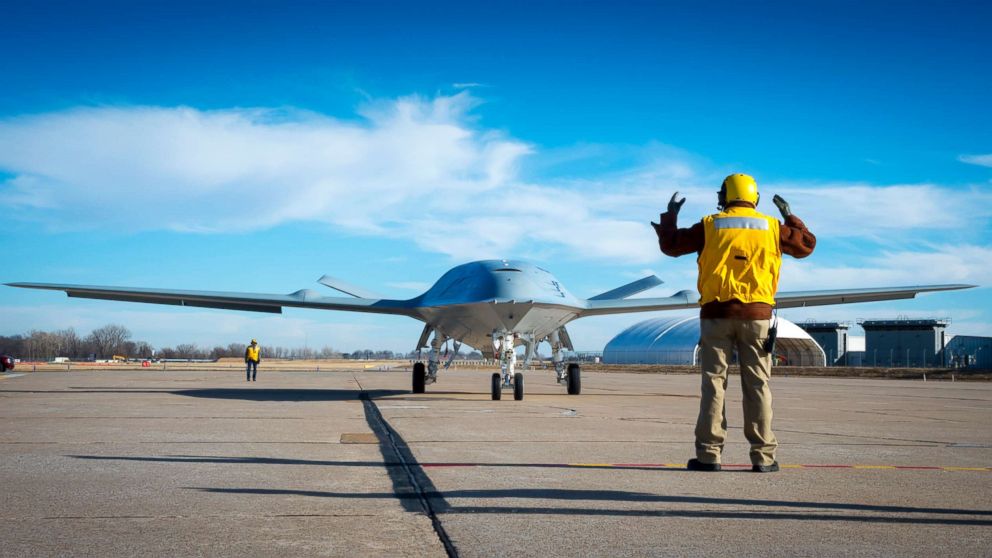 PHOTO: The MQ-25 is an unmanned combat aircraft system designed to provide refueling capability. An MQ-25 deck handling Demonstration in St. Louis, Jan. 26, 2018. 