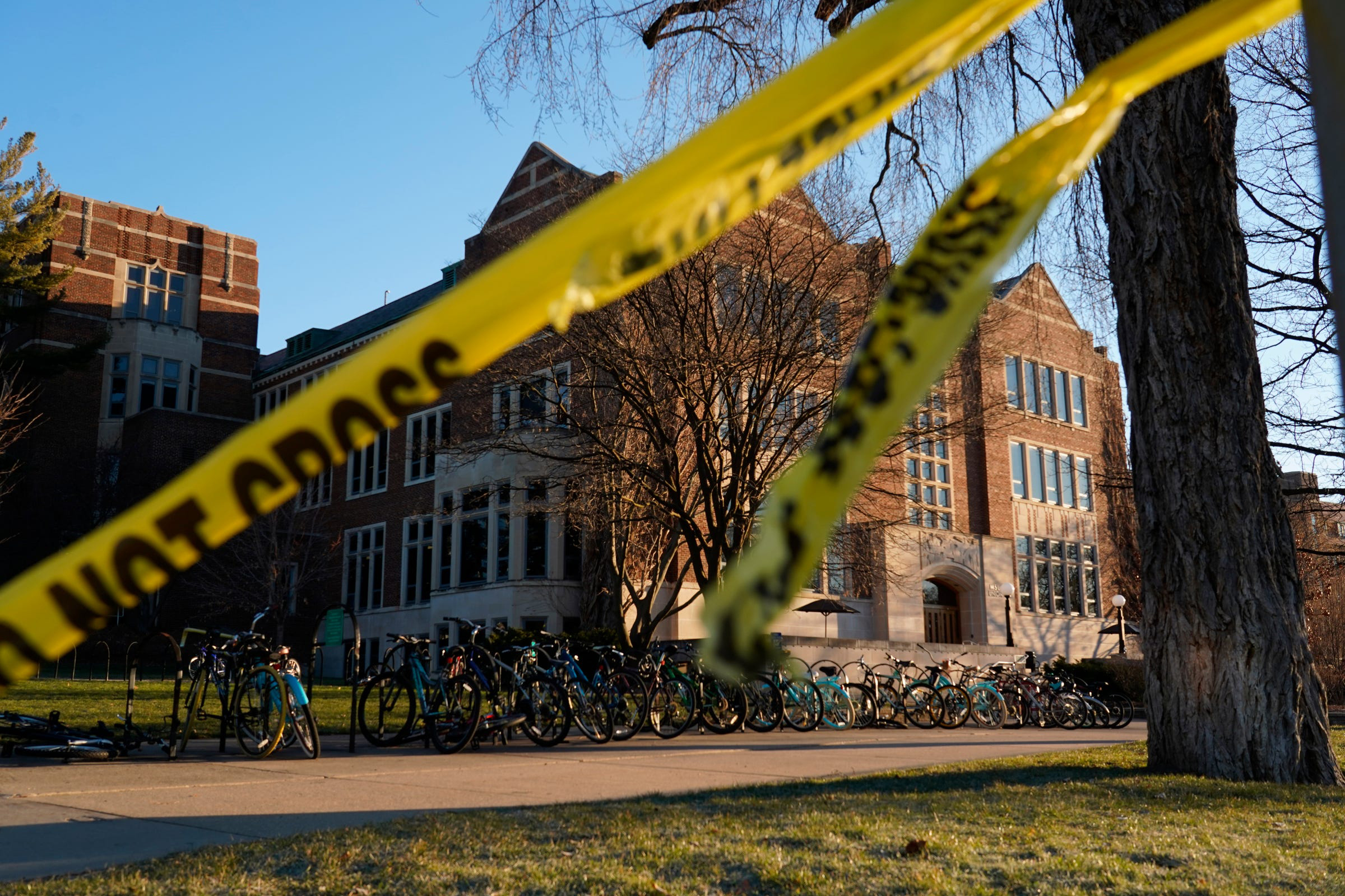 PHOTO: Police tape surrounds the Michigan State University Union on Feb.14, 2023 in East Lansing, Mich.