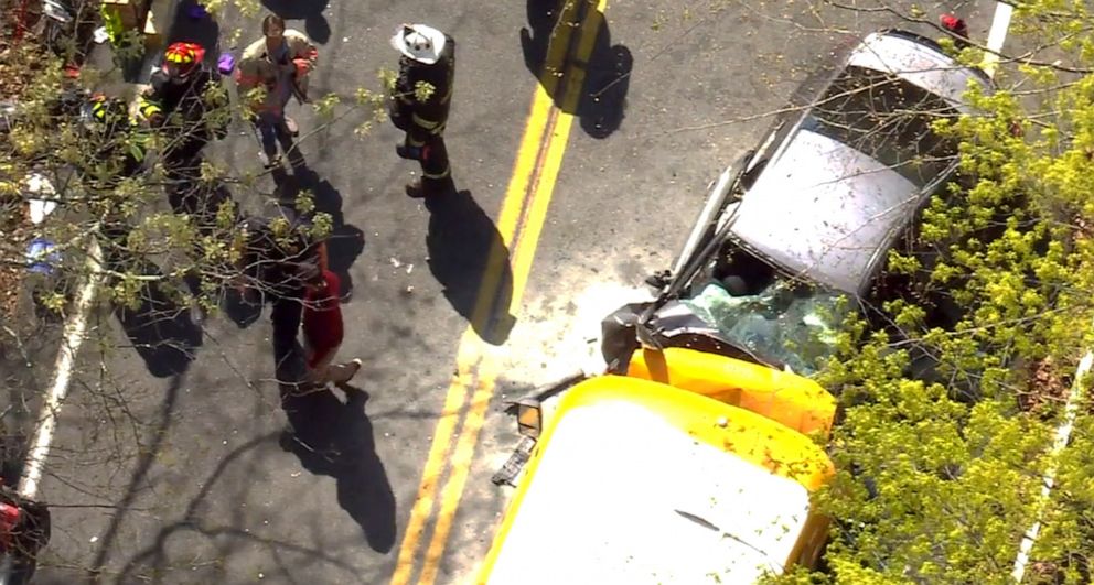 PHOTO: A school bus and car are seen after a head-on crash in Mount Kisco, New York, April 26, 2023.
