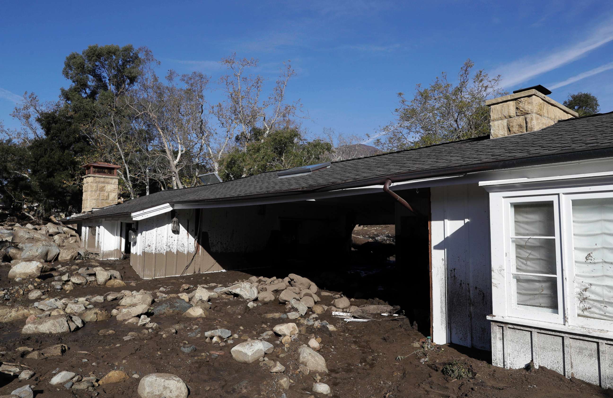 PHOTO: Mud and rocks are shown at a home damaged by storms in Montecito, Calif., Jan. 12, 2018. The mudslide, touched off by heavy rain, took many homeowners by surprise early Tuesday, despite warnings issued days in advance.
