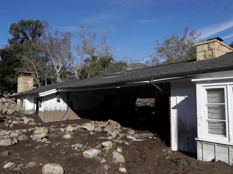 PHOTO: Mud and rocks are shown at a home damaged by storms in Montecito, Calif., Jan. 12, 2018. The mudslide, touched off by heavy rain, took many homeowners by surprise early Tuesday, despite warnings issued days in advance.