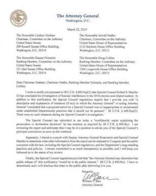 PHOTO: The Department of Justice notification to Congress regarding the conclusion of the Mueller Investigation, March 22, 2019.