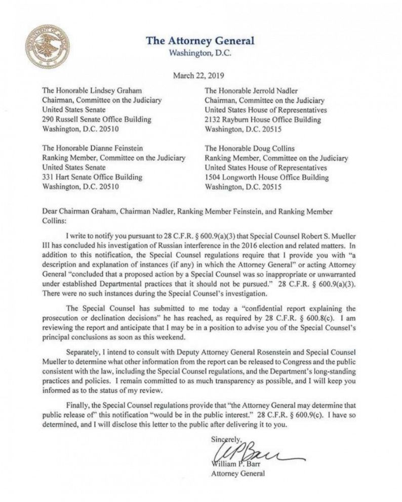 PHOTO: The Department of Justice notification to Congress regarding the conclusion of the Mueller Investigation, March 22, 2019. 