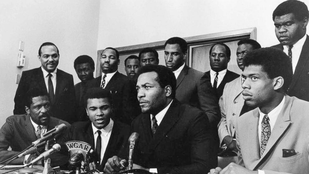 PHOTO: A group of top African American athletes from different sporting disciplines gather to give support and hear the boxer Muhammad Ali give his reasons for rejecting the draft during the Vietnam War in Cleveland, June 4, 1967. 