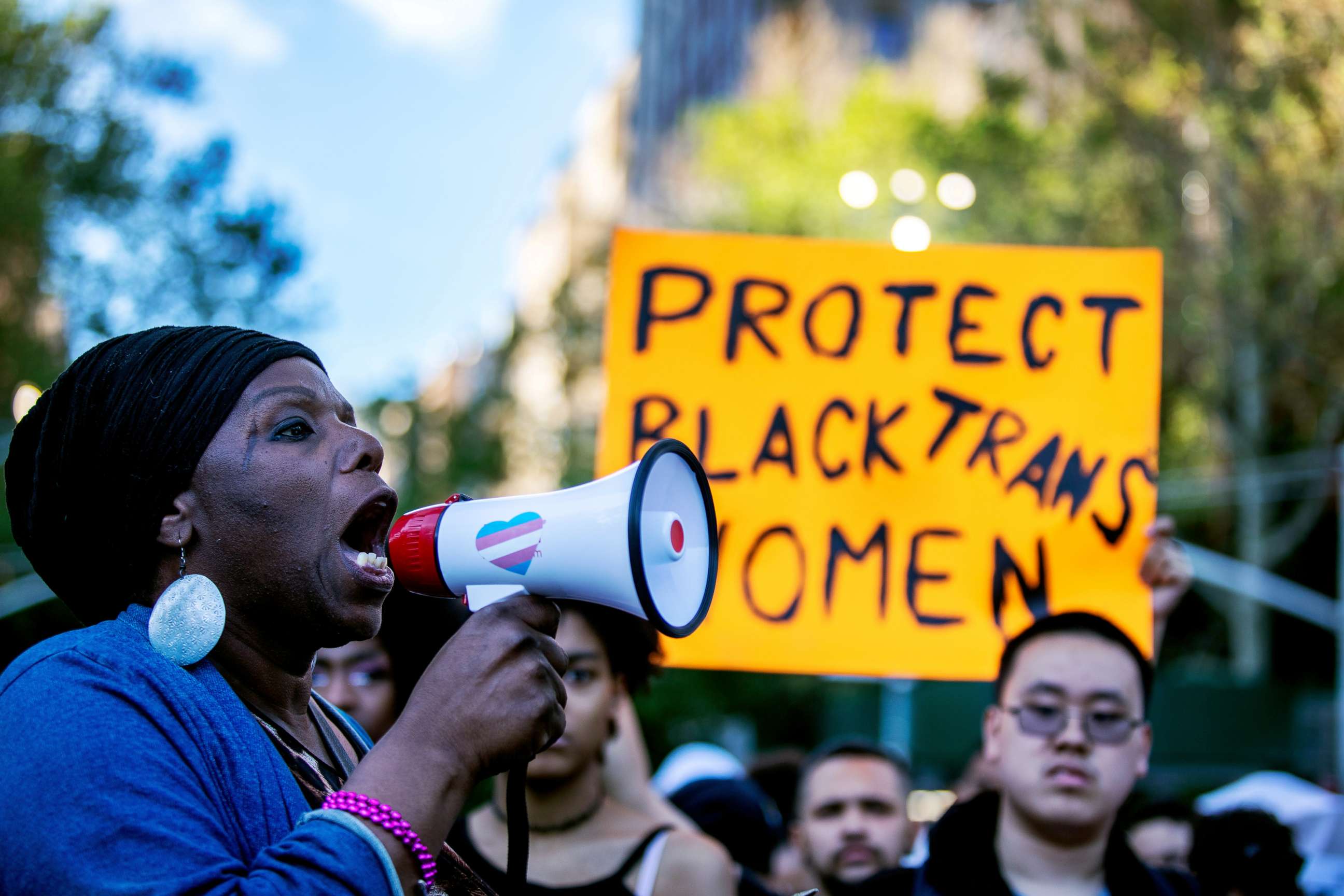 PHOTO: Transgender rights activists protest the recent killings of three transgender women, Muhlaysia Booker, Claire Legato, and Michelle Washington, during a rally at Washington Square Park in New York, May 24, 2019.