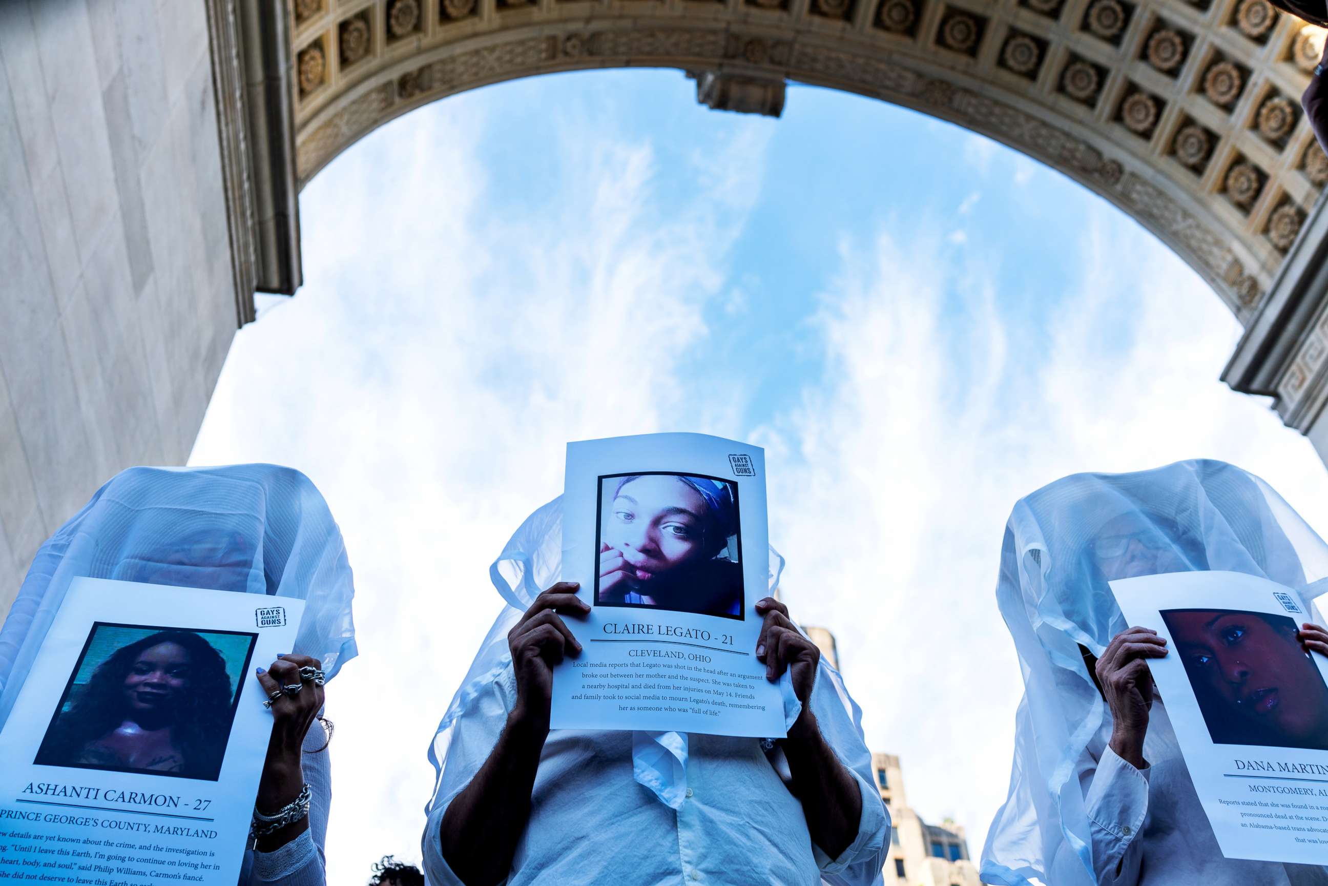 PHOTO: Transgender rights activists hold pictures of transgender women who were killed this year as they protest the recent killings of three transgender women during a rally at Washington Square Park in New York, May 24, 2019.