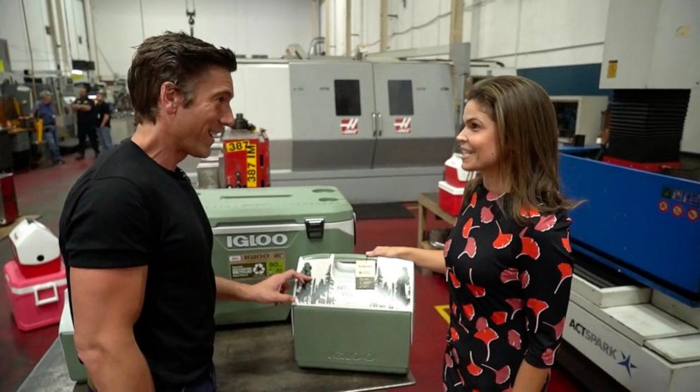 PHOTO: "World News Tonight" anchor David Muir and Tais Martinez, head of human resources at Igloo Coolers, stand with a cooler from the company's new ECOCOOL® Collection.