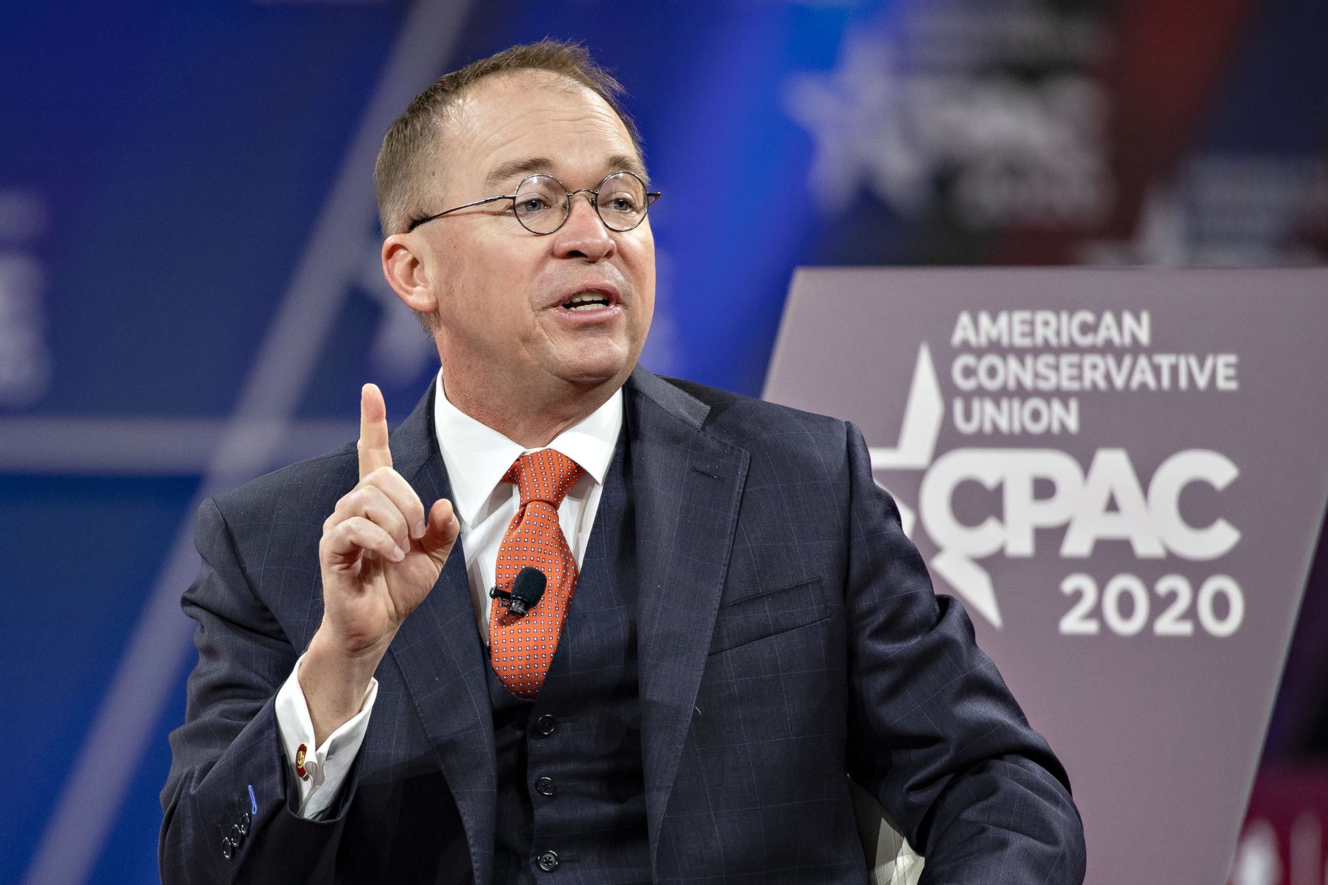 PHOTO: Acting White House Chief of Staff Mick Mulvaney has a conversation with Stephen Moore on stage at the Conservative Political Action Conference 2020 (CPAC) on Feb. 28, 2020, in National Harbor, MD.