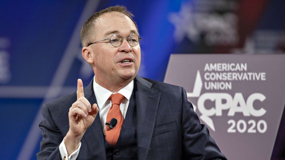 PHOTO: Acting White House Chief of Staff Mick Mulvaney has a conversation with Stephen Moore on stage at the Conservative Political Action Conference 2020 (CPAC) on Feb. 28, 2020, in National Harbor, MD.