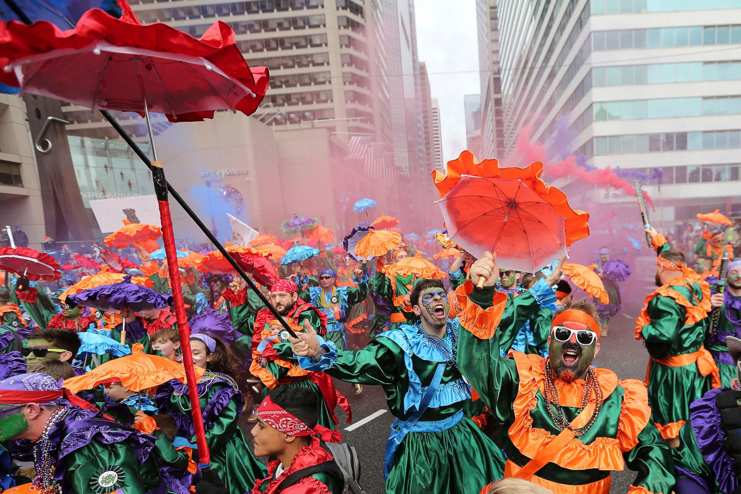 PHOTO: Members of the Saints Wench Brigade strut in front of the judges at City Hall during the Mummers Parade, Jan. 1, 2019, in Philadelphia.